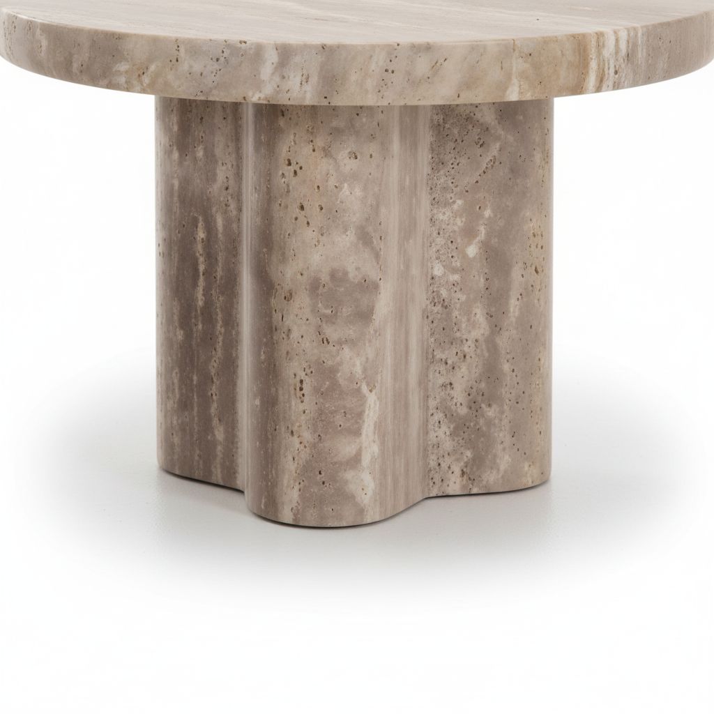 Close-up of Petal Coffee Table sculptural clover petal base in travertine stone