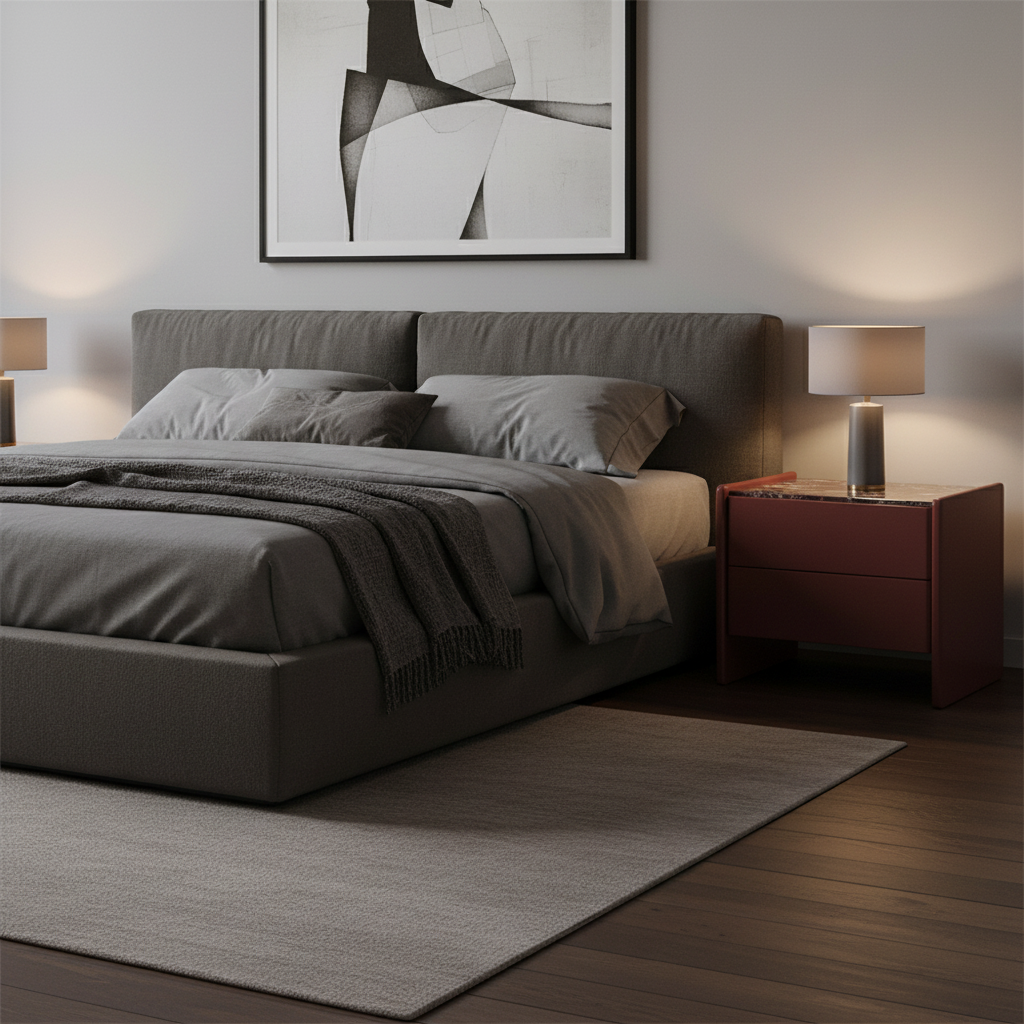 Deep burgundy matte lacquer slab bedside table with dark marble top styled in a luxury modern bedroom