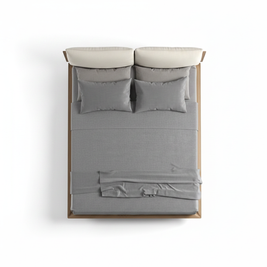 Lino Bed Frame top view, natural oak platform, cream linen headboard, white background