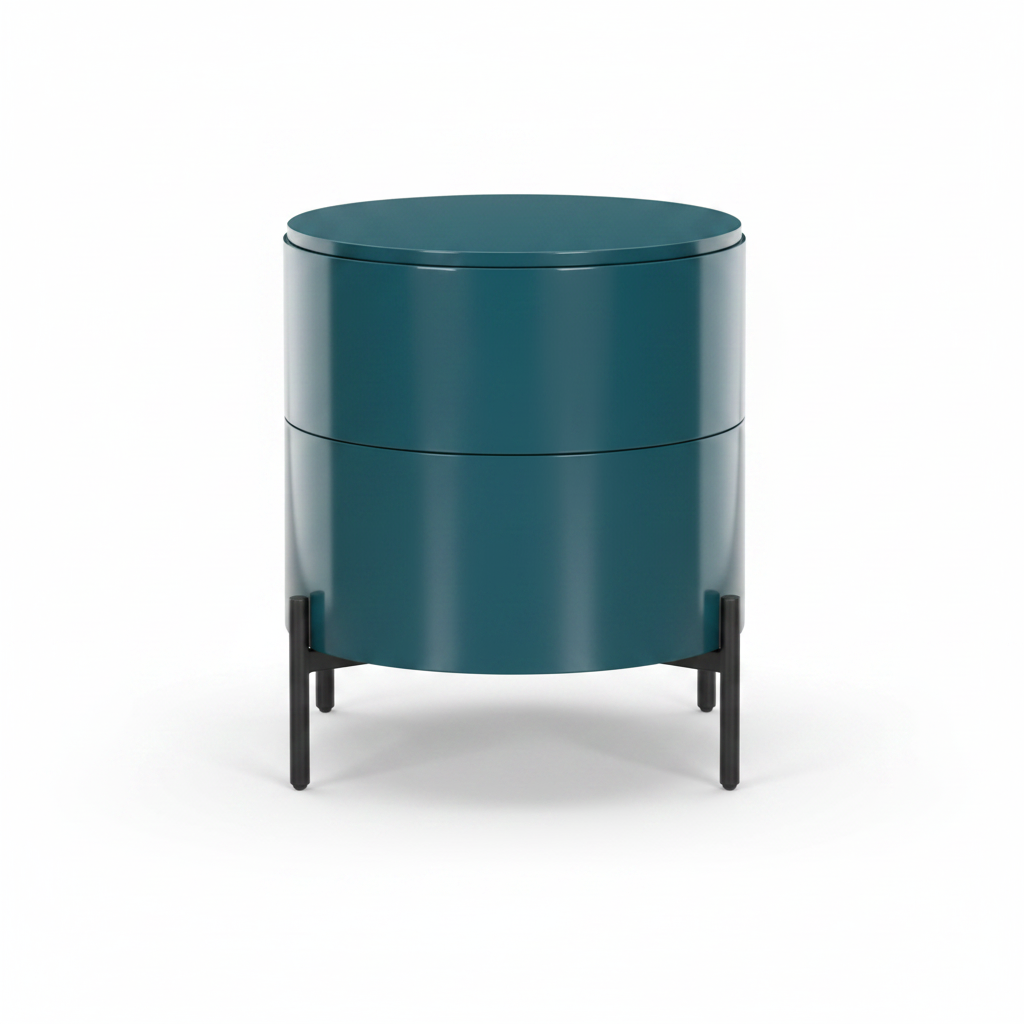 Back view of deep teal lacquer cylindrical bedside table on black metal legs