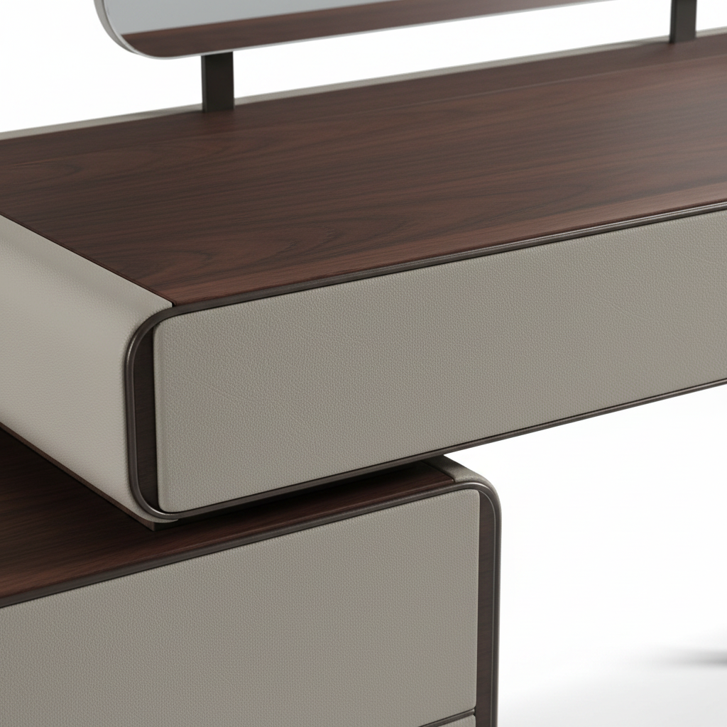 Close-up of greige leather trim, walnut surface and gunmetal frame detail