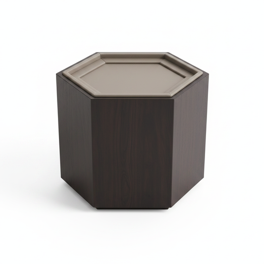 Top view of compact octagonal dark espresso wood bedside table showing recessed taupe leather tray