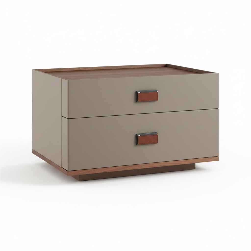 Side view of warm greige matte low bedside table showing thin walnut plinth base