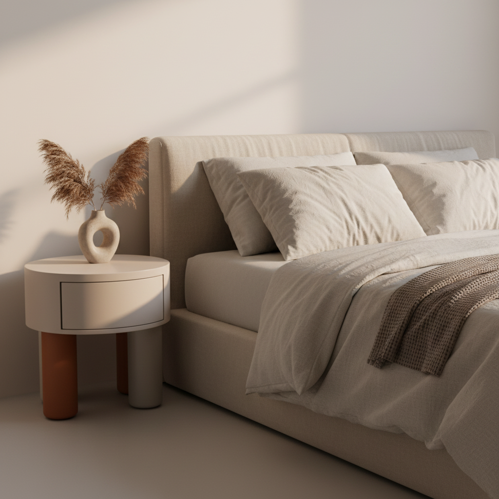 Cream cylindrical bedside table on terracotta, cream, and grey legs styled in a luxury modern bedroom