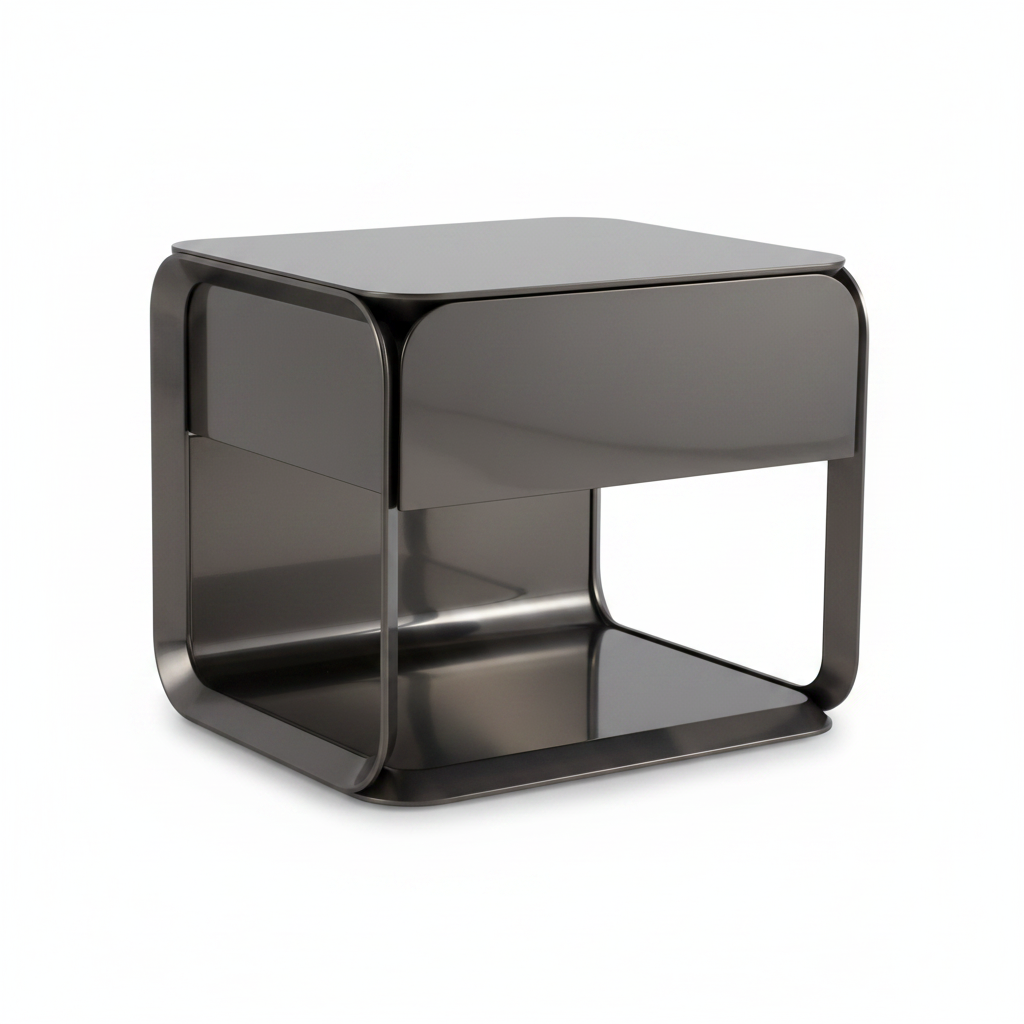 Polished gunmetal dark smoked stainless steel rounded rectangular bedside table with flush drawer and open arch shelf, front view on white background