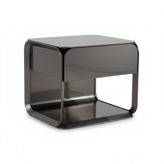 Polished gunmetal dark smoked stainless steel rounded rectangular bedside table with flush drawer and open arch shelf, front view on white background
