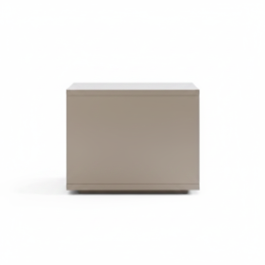 Back view of warm taupe matte bedside table on white background