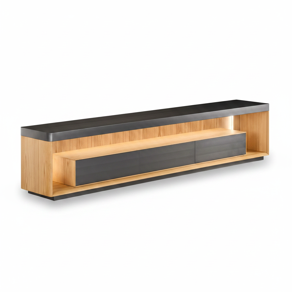Solstice Media Console 45-degree studio view showing oak frame and LED glow