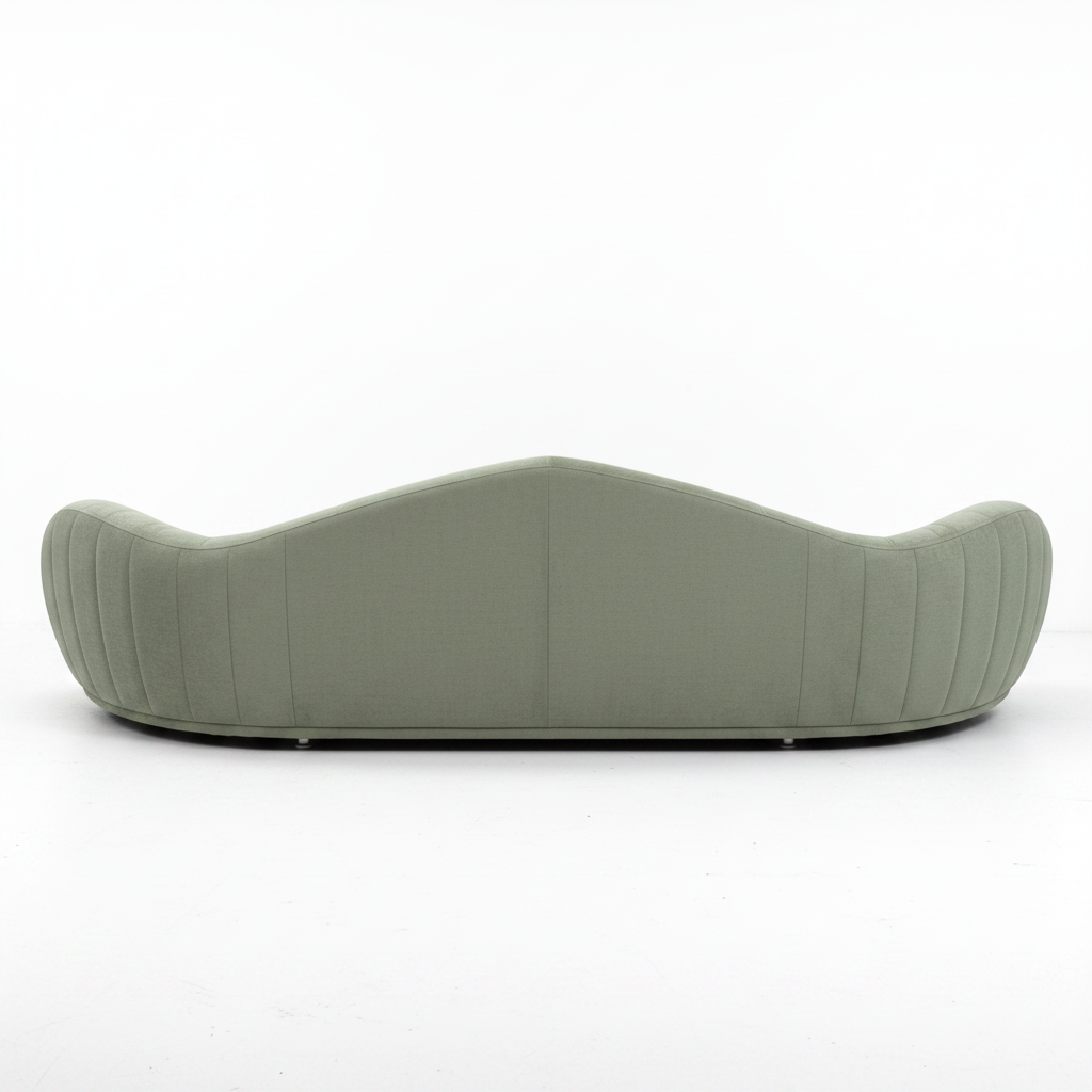 Vellara curved bouclé sofa in sage green, back view