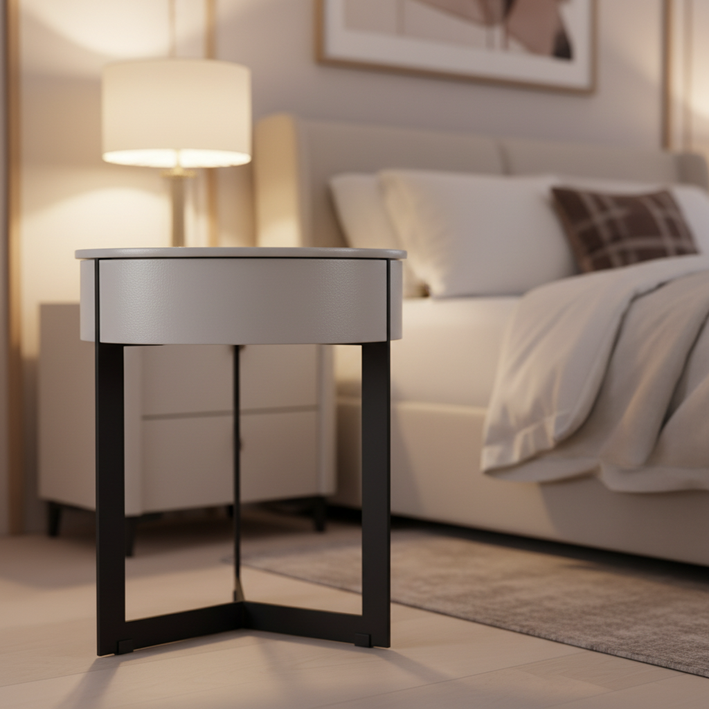Close-up of light grey matte cylindrical body and matte black X-shaped cross metal base on Asse Bedside Table