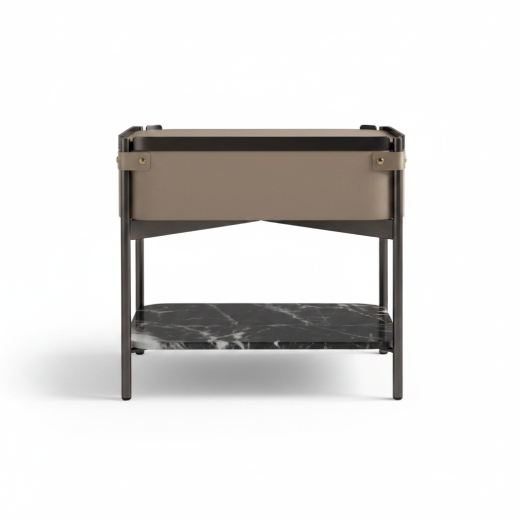 Back view of gunmetal dark bronze metal frame bedside table on white background