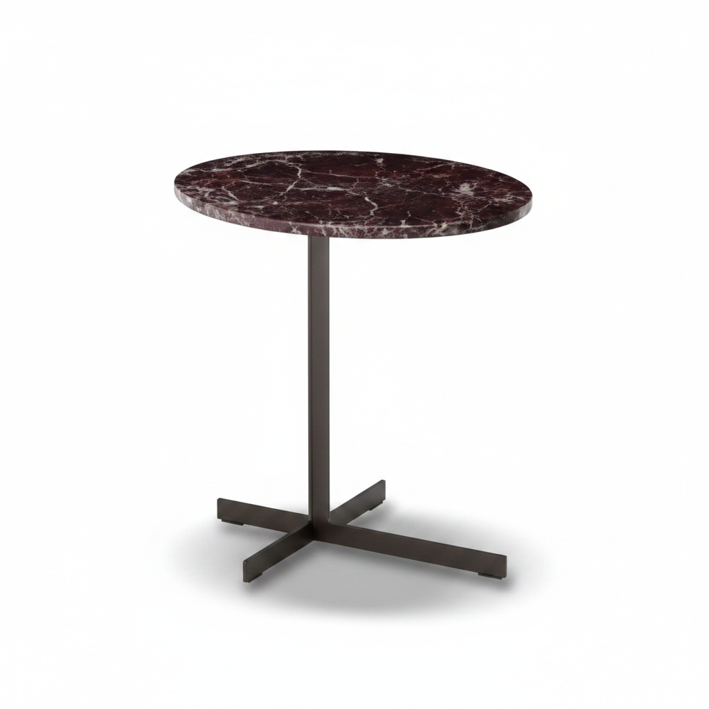 Crux Side Table burgundy marble side profile view, white background