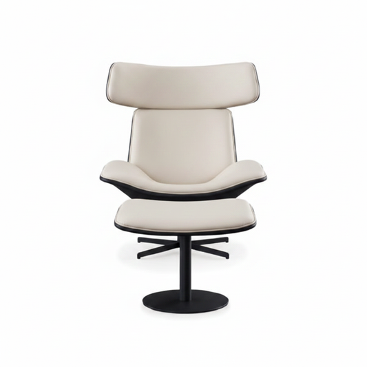 High-back cream leather swivel lounge chair with matte black shell and matching square ottoman on white background