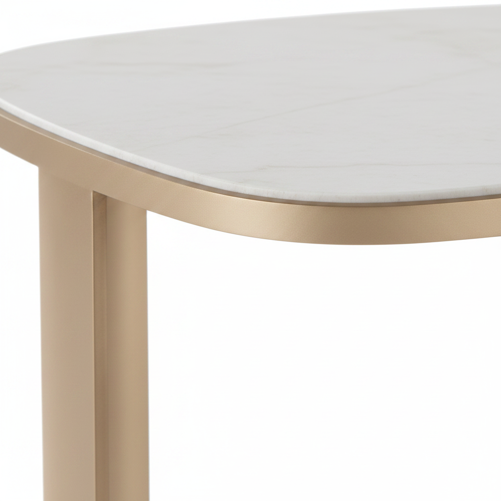 Close-up of Canto Side Table stone top edge and champagne gold C-frame junction