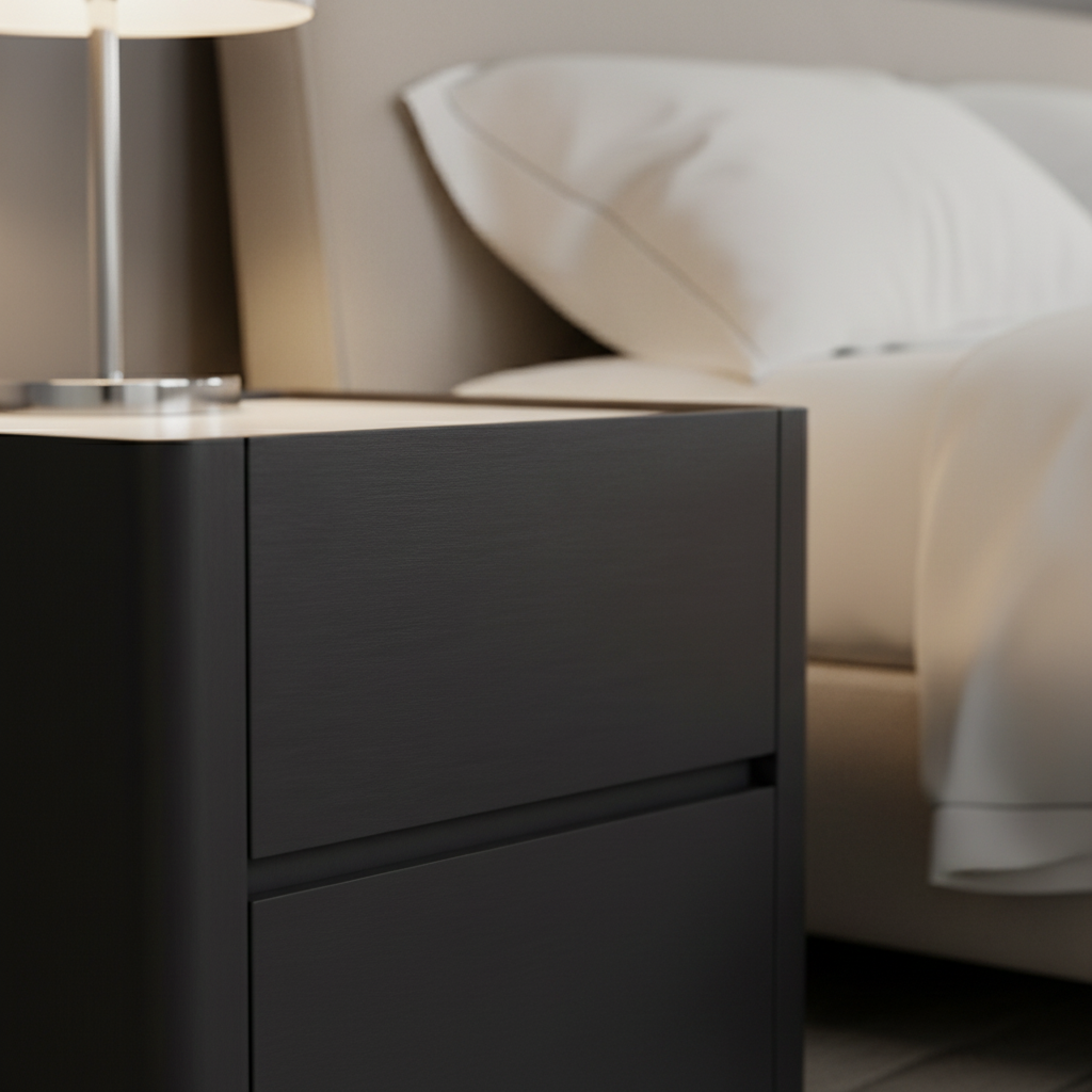Close-up of matte charcoal surface and hairline drawer gap on Nero Bedside Table