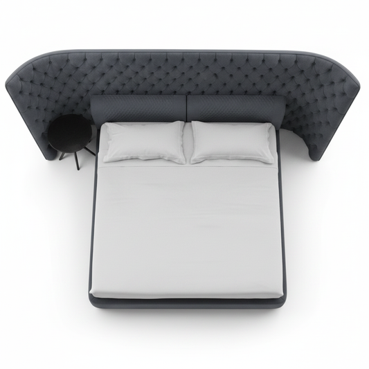Nocte button-tufted upholstered bed in charcoal grey, top view