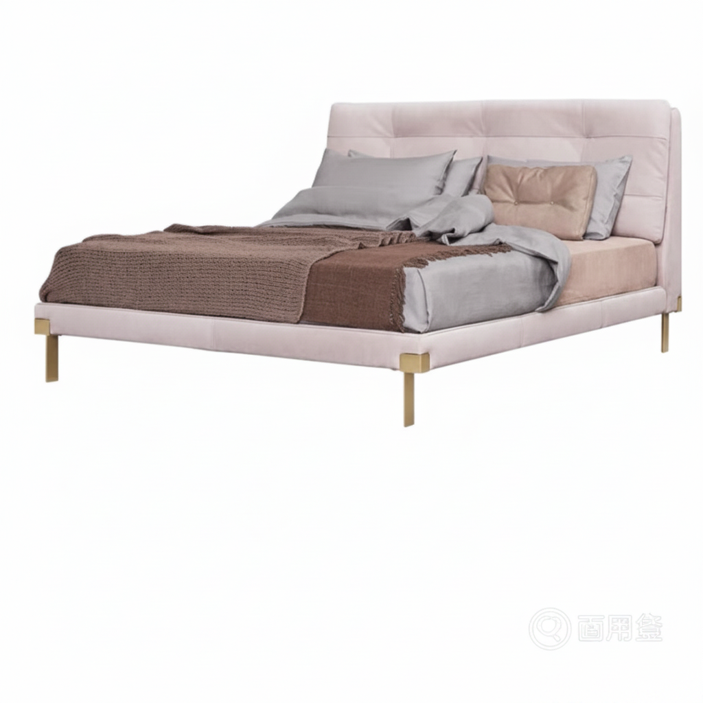 Rosea king bed — side profile showing platform and gold legs