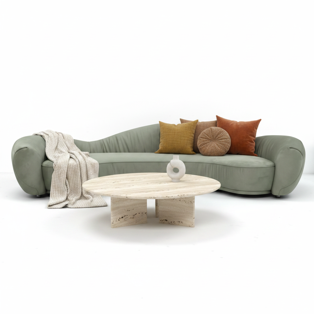 Vellara curved bouclé sofa styled with travertine coffee table and decorative accessories