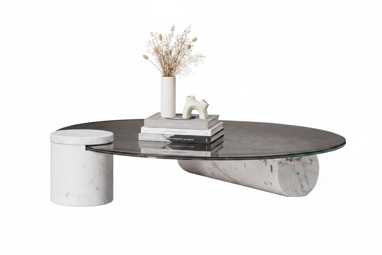Cylindo Oval Glass and Marble Coffee Table styled with accessories