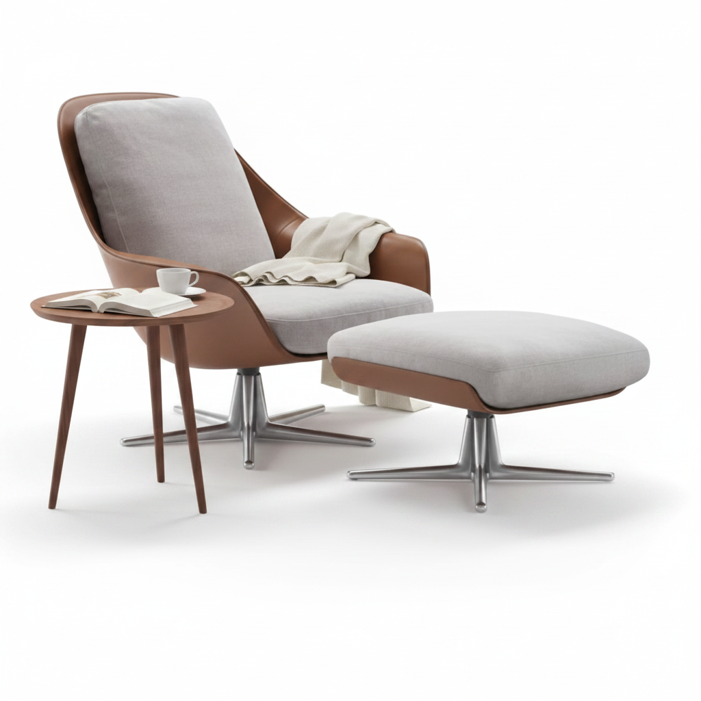 Calla Swivel Lounge Chair & Ottoman — styled with accessories