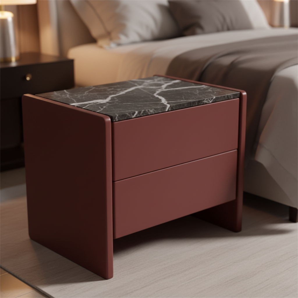 Close-up of dark grey marble top with white veining and deep burgundy lacquer body on Vino Bedside Table
