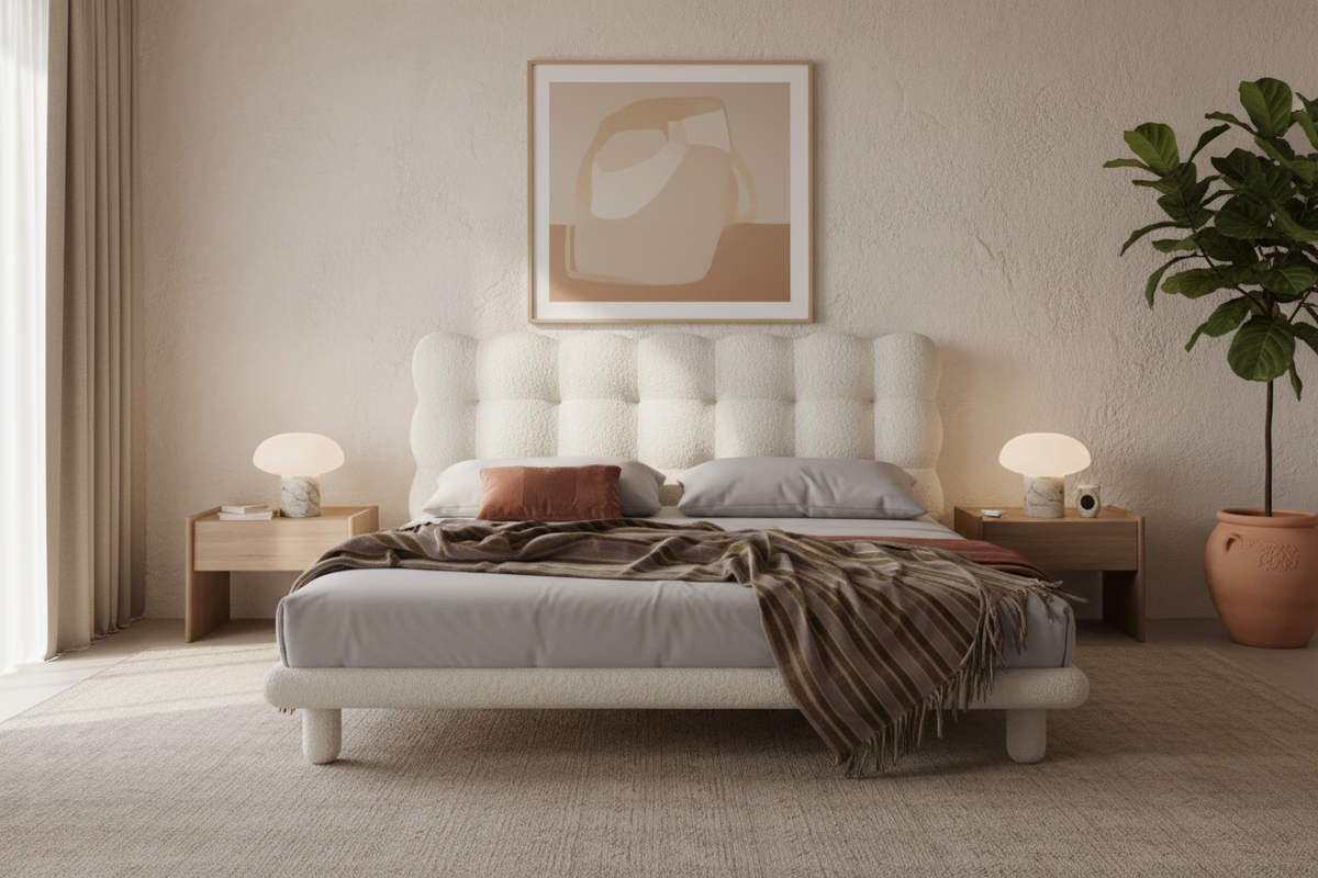 Cumulo bed in a warm modern luxury bedroom interior