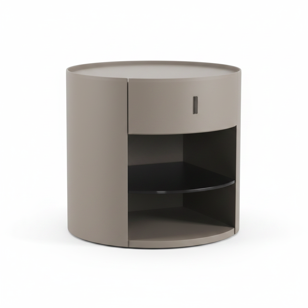 Warm taupe greige cylindrical bedside table with one drawer and open curved shelf, front view on white background