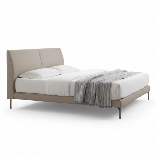 Luno split-headboard upholstered bed in greige, side view