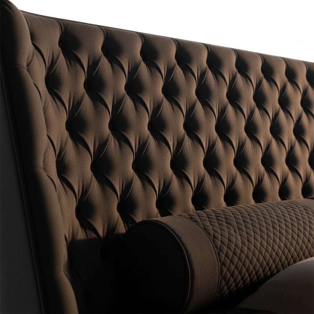 Close-up of Nocte bed deep diamond button tufting on charcoal headboard