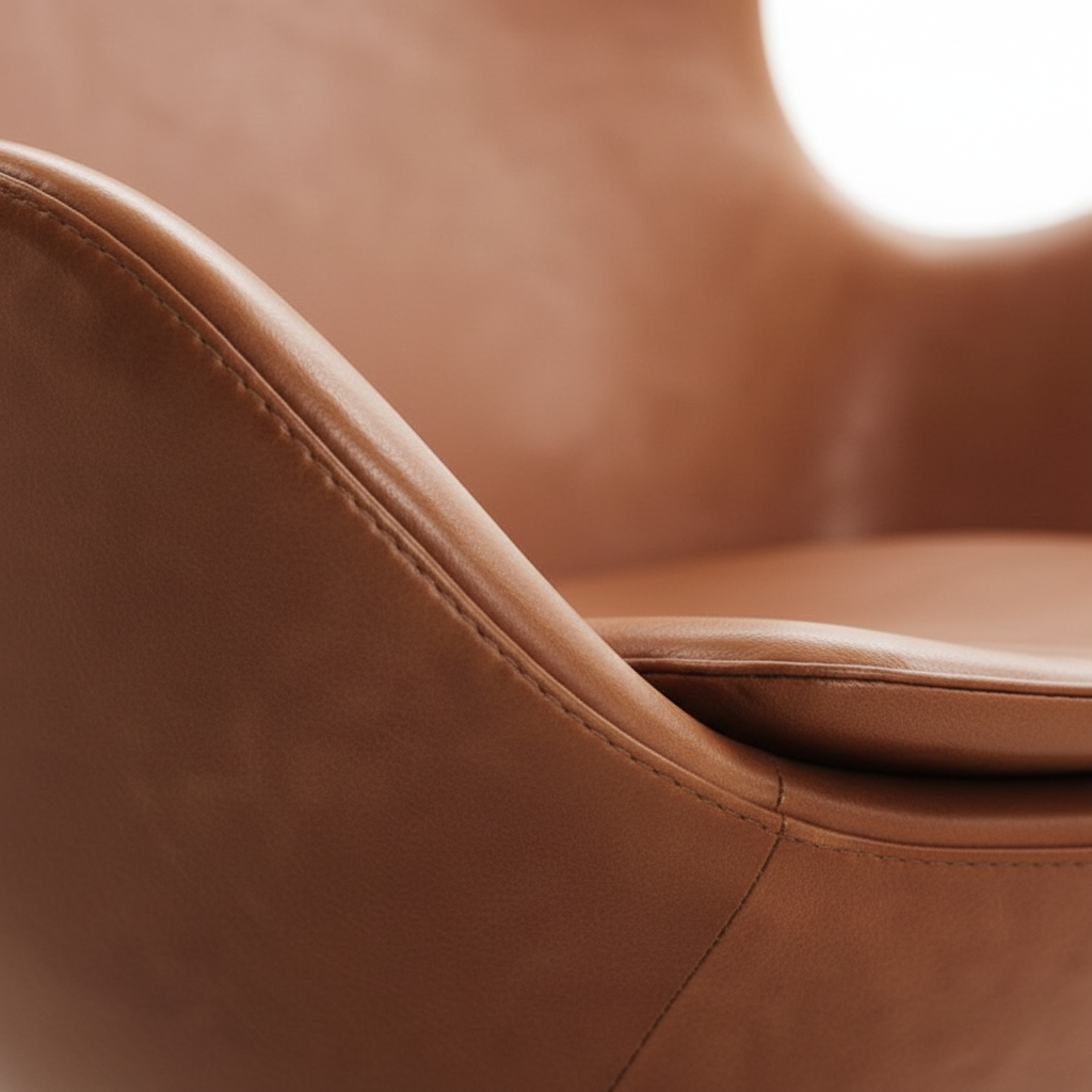 Close-up of cognac tan leather surface and curved shell detail of the Ovo Egg Chair