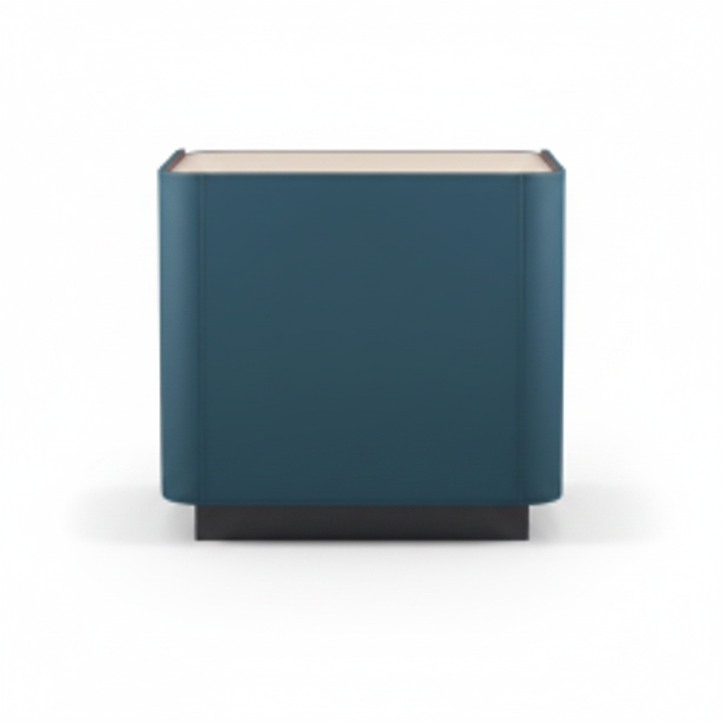 Back view of deep teal upholstered bedside table on dark espresso plinth base