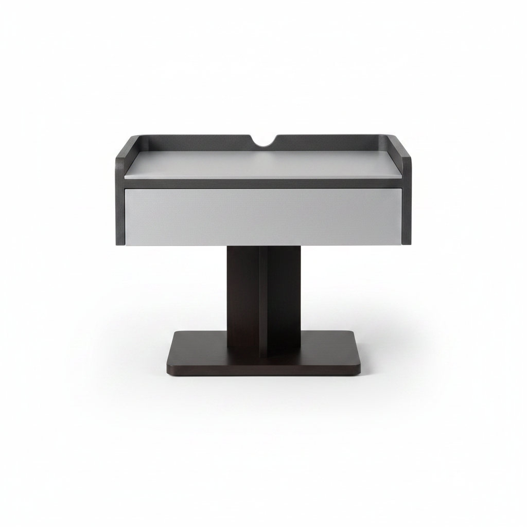 Grey brushed metal top side table with dark espresso wood pedestal base, front view on white background