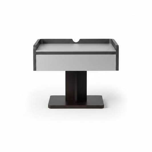 Grey brushed metal top side table with dark espresso wood pedestal base, front view on white background