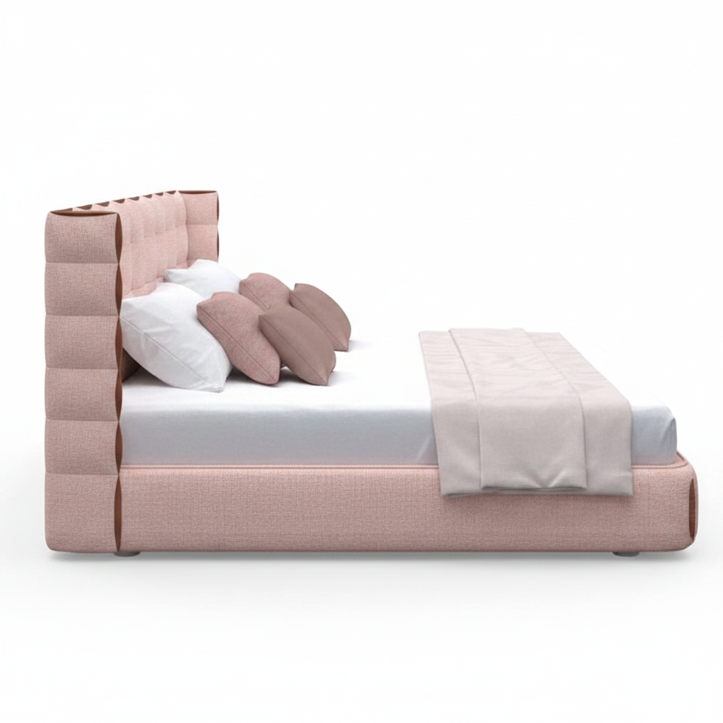 Aurore king bed — side profile showing tall headboard and chunky base
