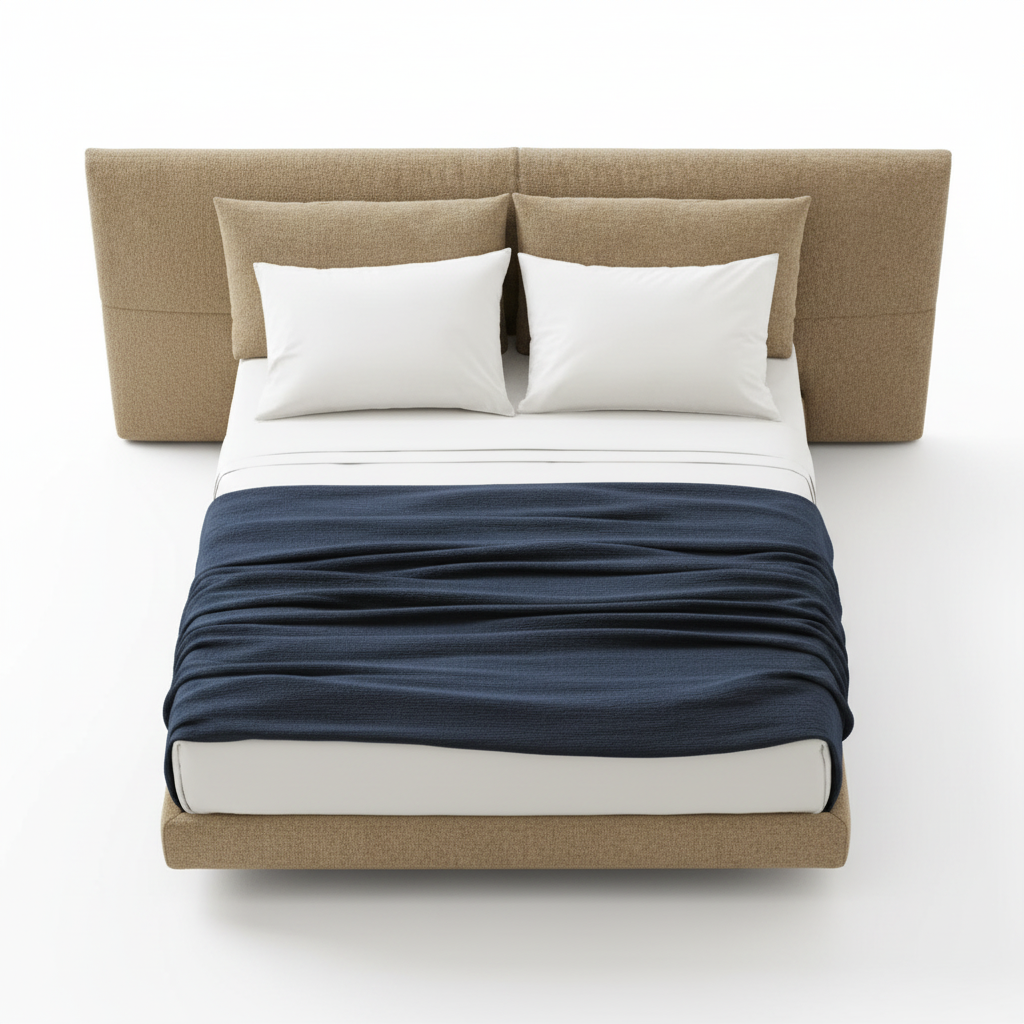 Velano Bed Frame top view, sandy beige boucle upholstery, white background