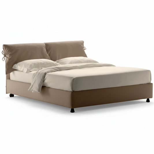 Fiocco bow-tie cushion upholstered bed in warm mocha, top view