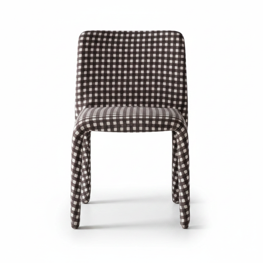 Front-facing studio shot of the Damier Dining Chair in dark brown and white houndstooth fabric