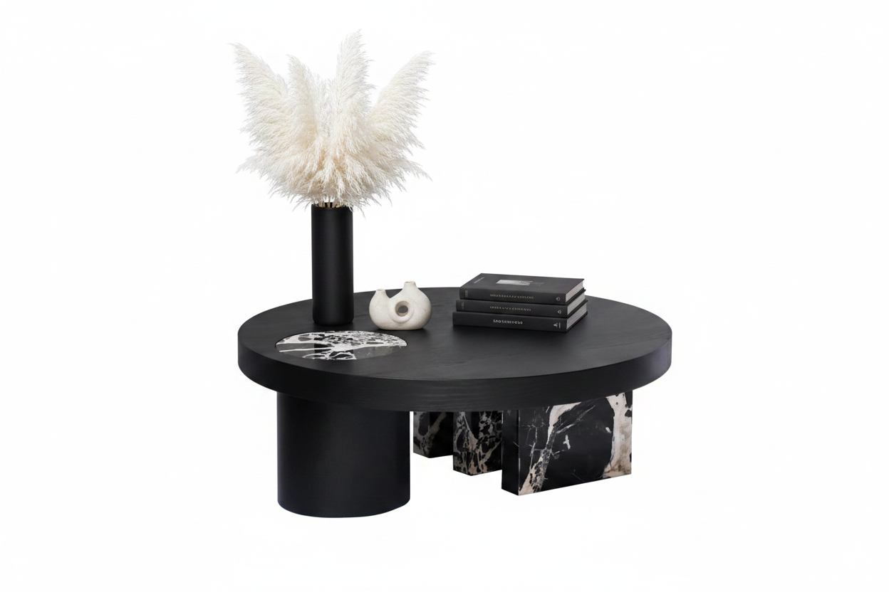 Obsidio Round Coffee Table styled with accessories