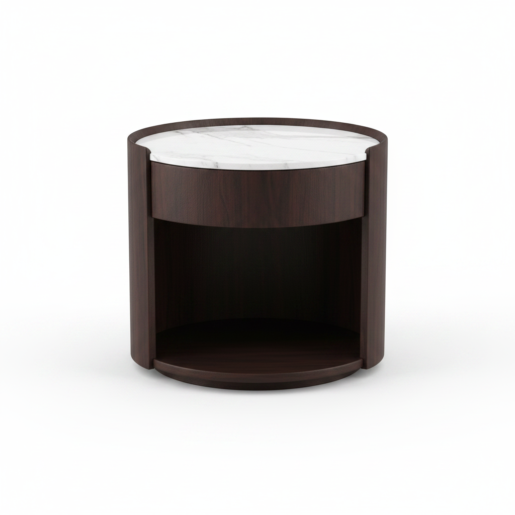 Round cylindrical dark espresso wood bedside table with white marble top and open shelf, front view on white background
