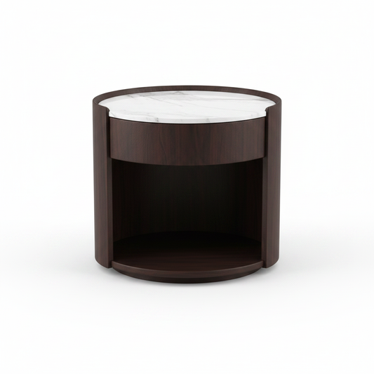 Round cylindrical dark espresso wood bedside table with white marble top and open shelf, front view on white background