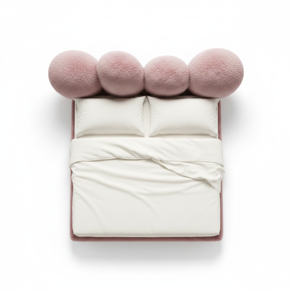 Nuage king bed — top view showing four bubble sphere headboard