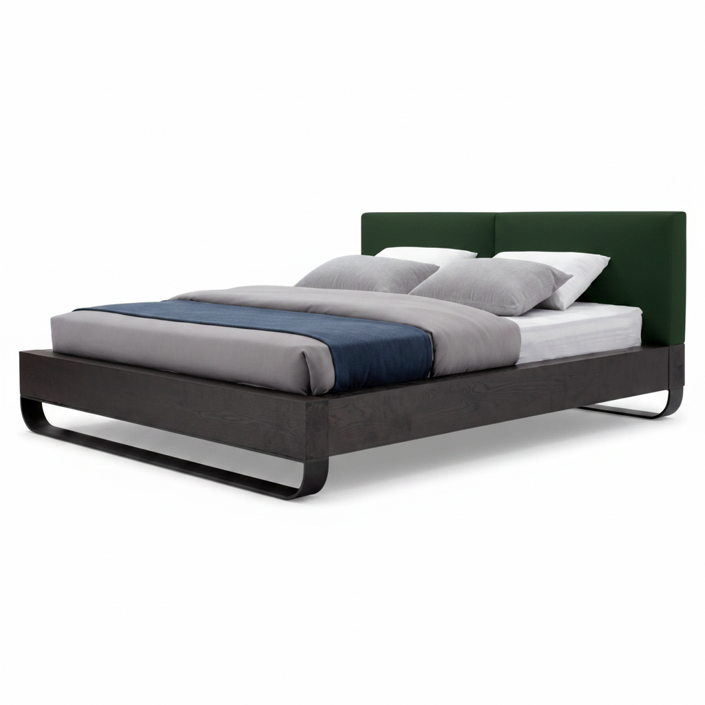 Noctis bed — side profile showing walnut platform and sled base
