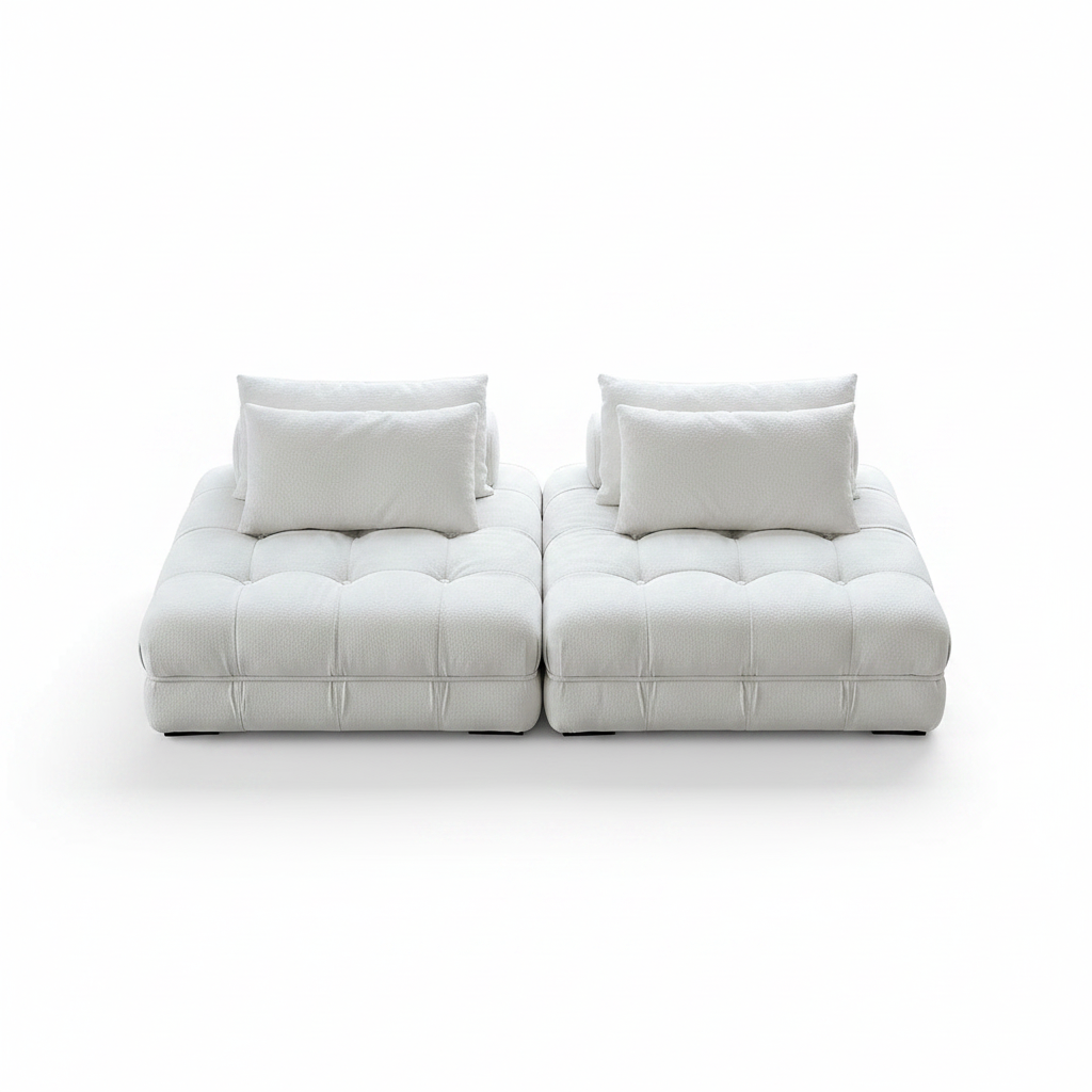 Top view of cream boucle tufted modular sofa with oversized cushions