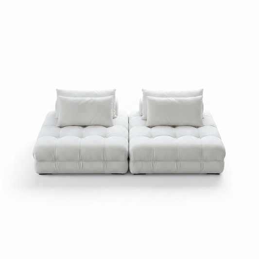Top view of cream boucle tufted modular sofa with oversized cushions