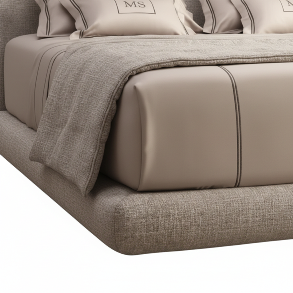 Close-up of Ovale bed rounded headboard edge and quilted base texture