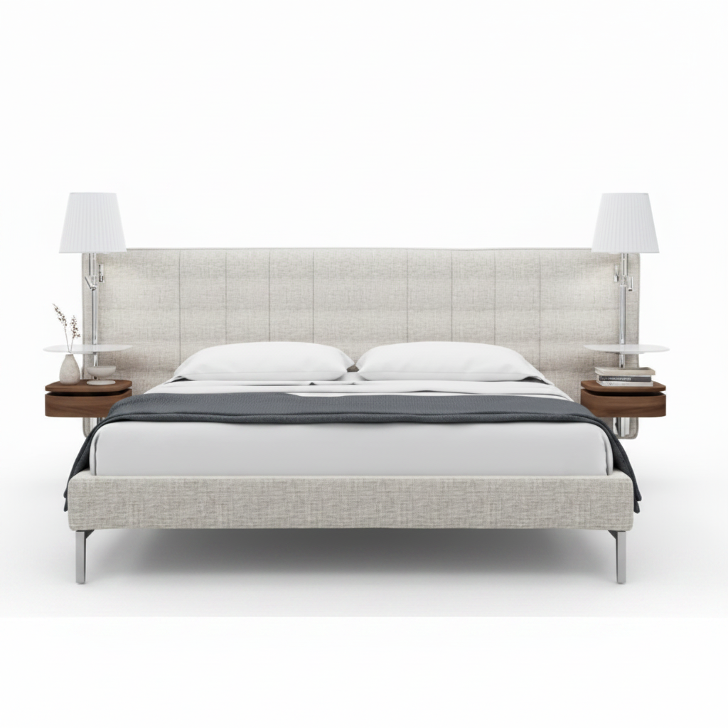 Arco bed styled with white and slate grey bedding and charcoal throw