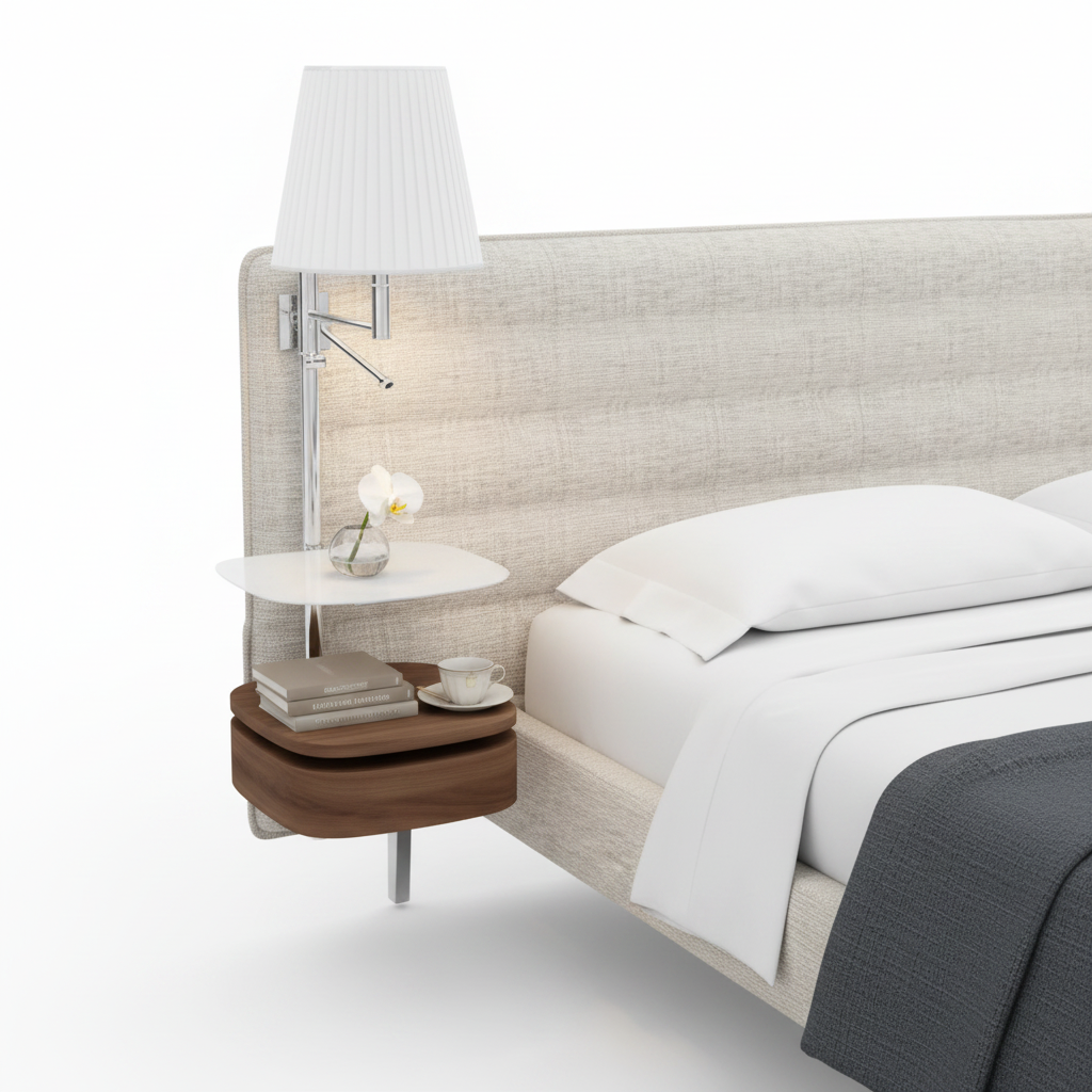 Close-up of Arco bed vertical channel stitching and integrated walnut shelf with chrome lamp
