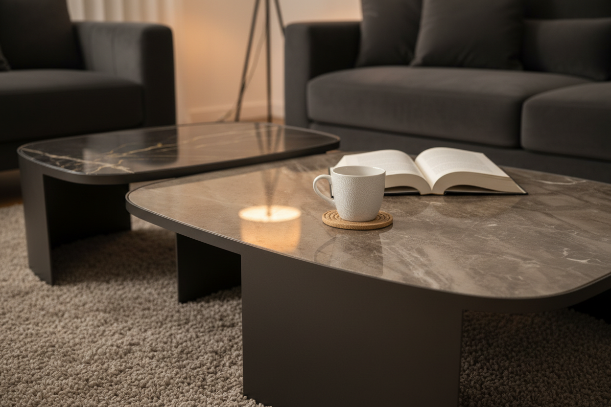 Duetto Nesting Marble Coffee Table Set close-up lifestyle shot