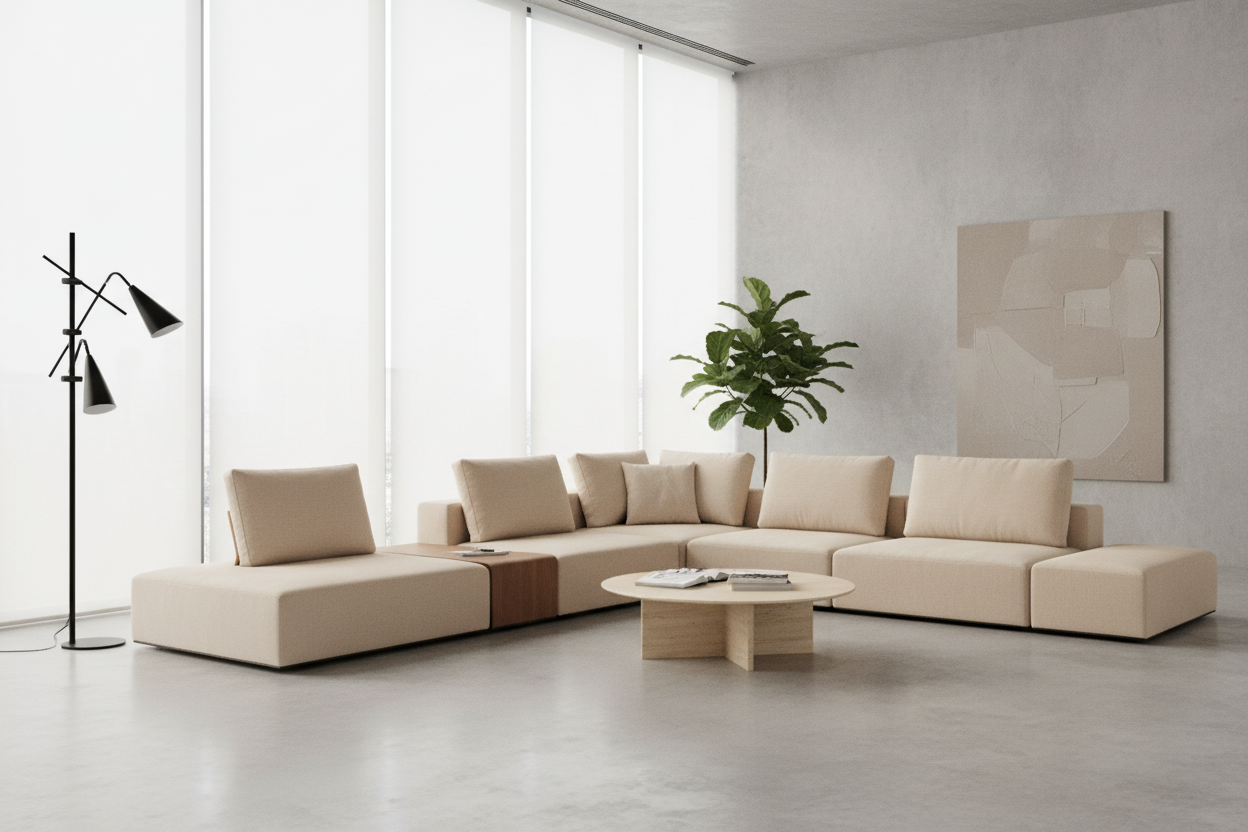 Plano modular sofa system — minimalist luxury living room interior lifestyle