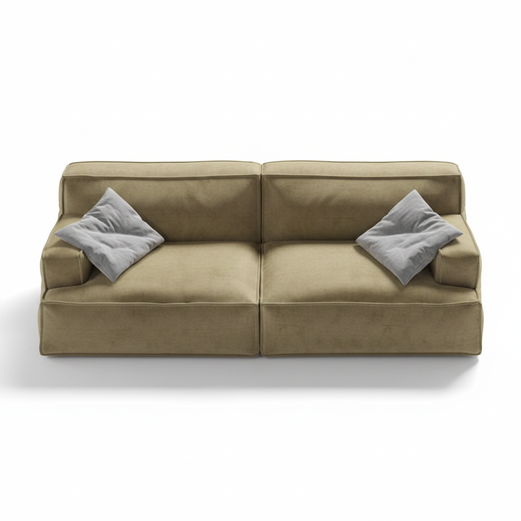 Solano wide velvet sofa in olive, top view